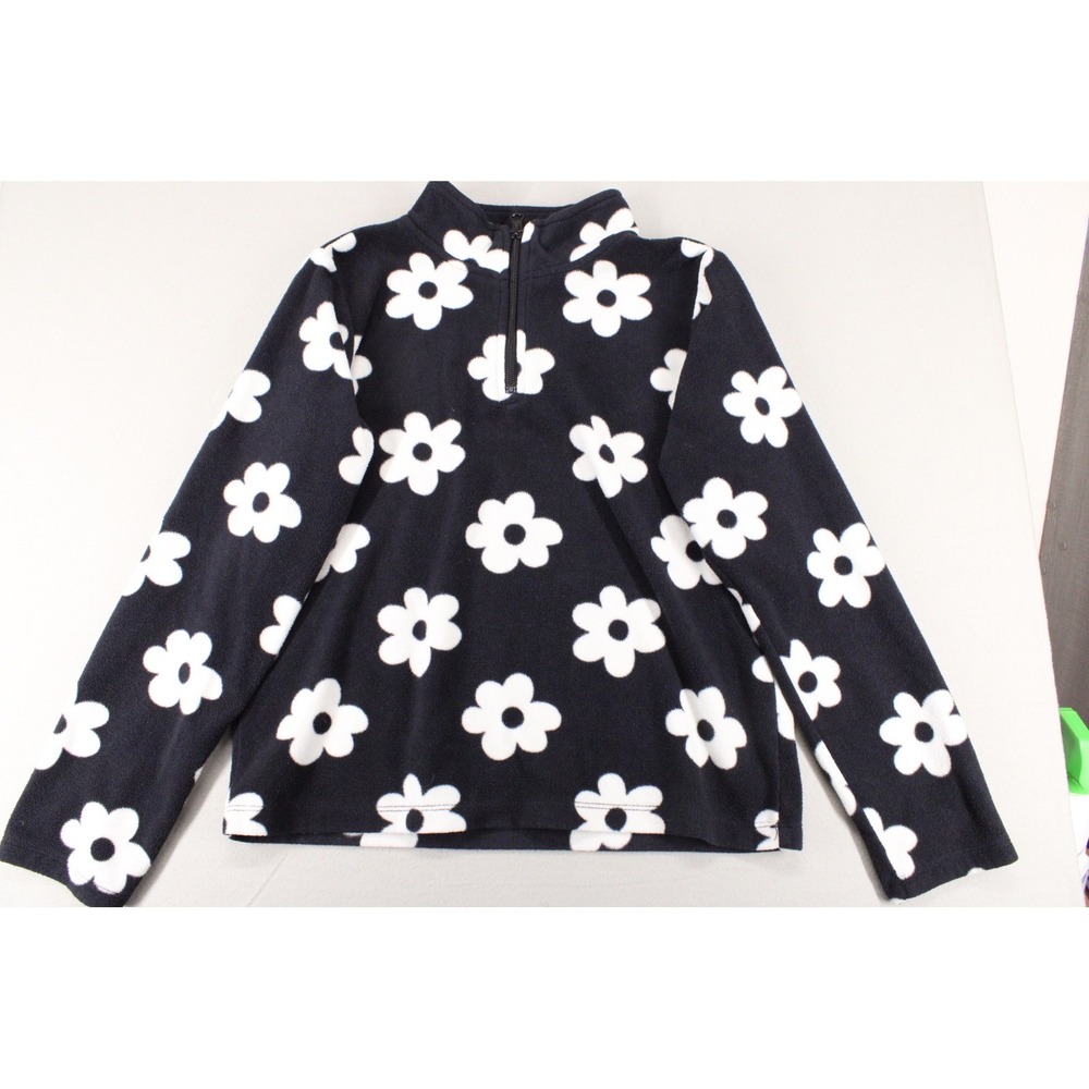 The Childrens Place Fleece Pullover Girls 10/12 Black Daisy Floral Quarter Zip